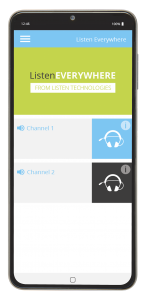 Parte anteriore dell'audio dello smartphone tramite ricevitore Wi-Fi con app Listen EVERYWHERE visualizzata sullo schermo.