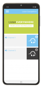 Avant de l'audio du smartphone via le récepteur Wi-Fi avec l'application Listen EVERYWHERE affichée à l'écran.