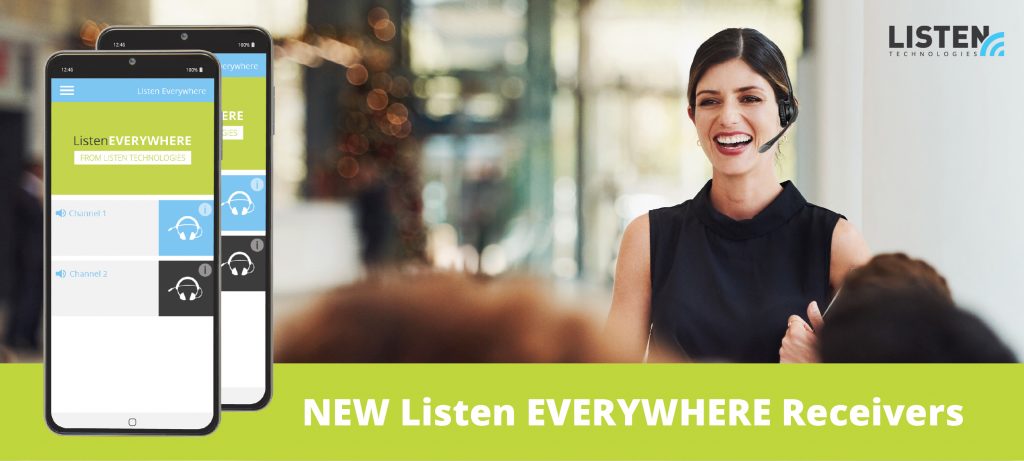 New Listen Everywhere receivers with Listen Technologies logo, photo of a happy woman wearing a mic headset and two LWR-1020 receivers