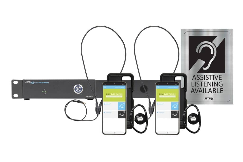 Wi-Fi-Server mit zwei 1020-Empfängern und Headsets und einem Assistive Listening-Verfügbarkeitszeichen