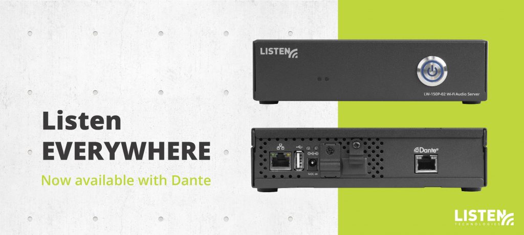Graphic showing front and back of the 2-channel server with Dante audio input on the rear panel