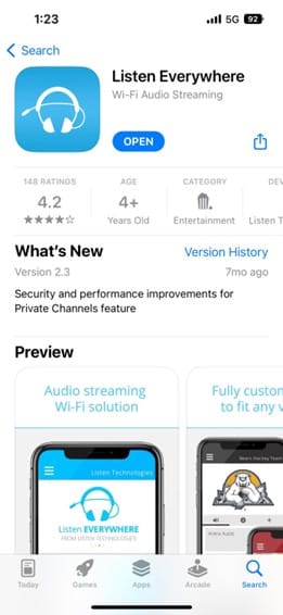 Screenshot of the assistive listening audio over Wi-Fi streaming app, Listen EVERYWHERE in the Apple App Store.