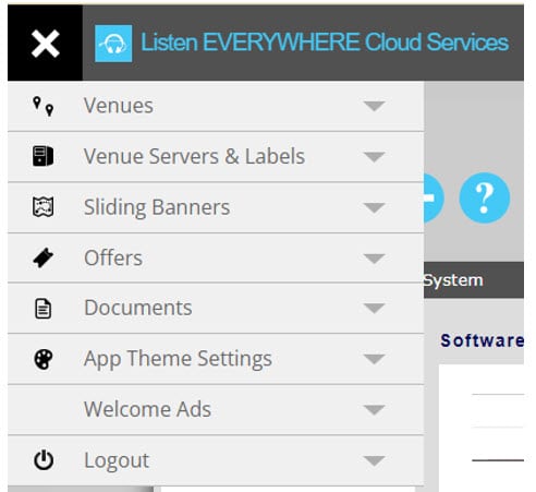 A screen shot of the drop-down menu options for customizing the Listen EVERWHERE app in Cloud Services.
