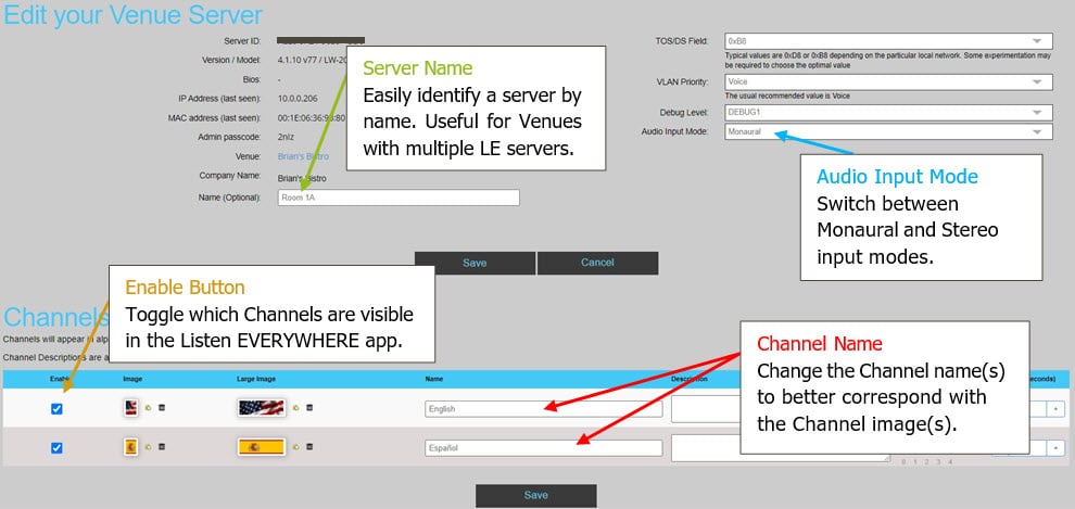 A screen shot of the cloud services software calling out where you can change the server name, enable channels, customize the channel names in the Listen EVERYWHERE app, and switch between mono and stereo modes.