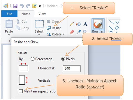 A screen shot of how to resize and crop an image using Microsoft Paint.