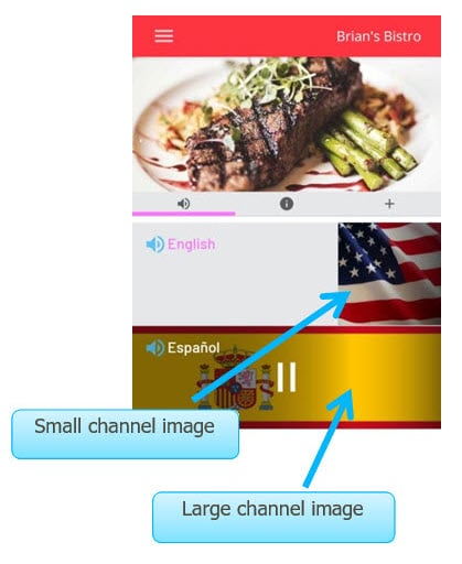 A screen shot calls out where you can see the use of small square images and large rectangular images in the Listen EVERYWEHRE app.