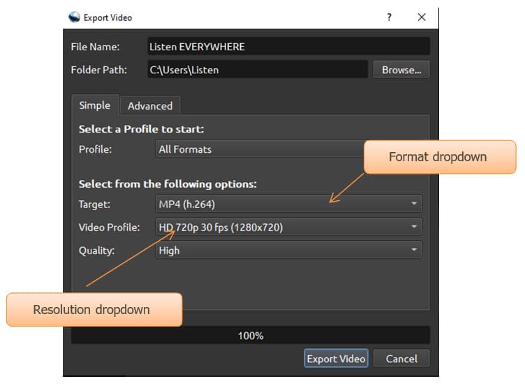 Screen shot of the OpenShot brand video editing software showing how to select the video export format and resolution.