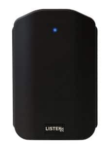 Kleines schwarzes Kästchen mit blauer Kontrollleuchte oben in der Mitte und dem Logo von Listen Technologies unten.
