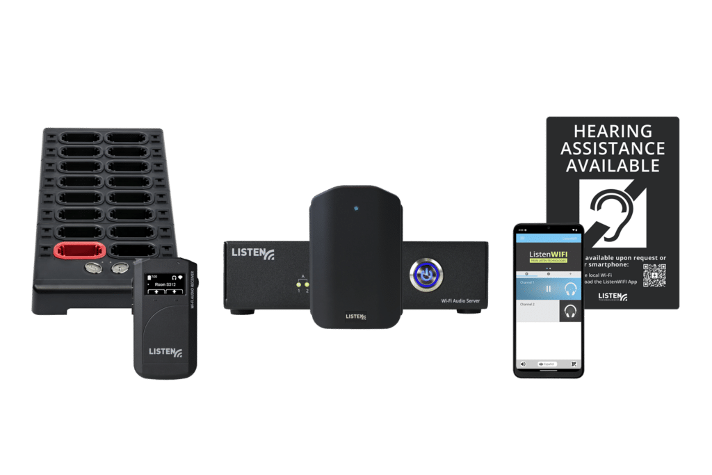 ListenWIFI system photograph showing the 16-slot docking station for the LWR-1050 Receivers, the LWR-1050 receiver, an LA-490 Easy Connect Beacon, the ListenWIFI app on a smartphone, and an assistive listening plaque.