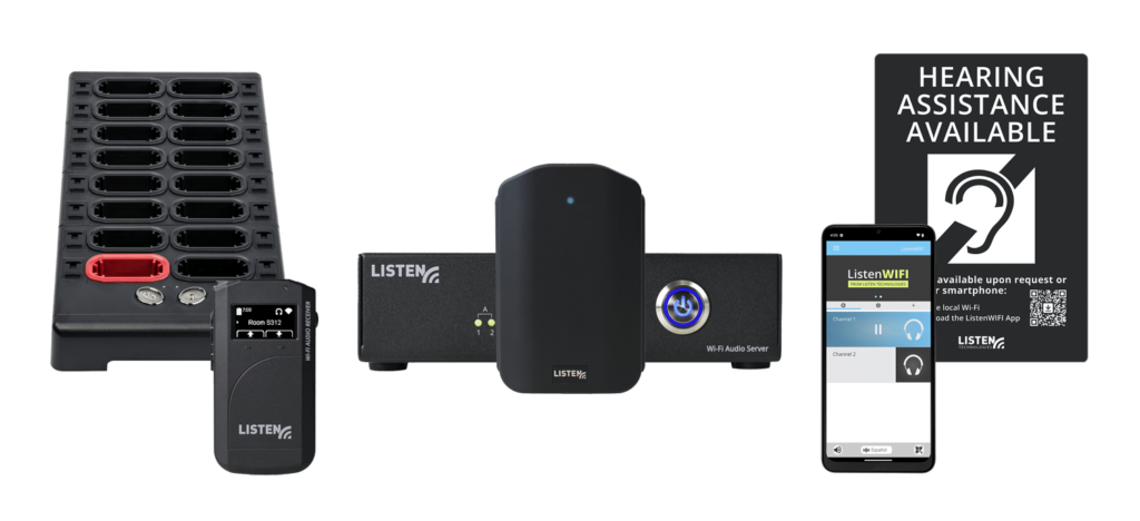 Foto des ListenWIFI-Systems, das die Dockingstation mit 16 Steckplätzen für die LWR-1050-Empfänger, den LWR-1050-Empfänger, einen LA-490 Easy Connect Beacon, die ListenWIFI-App auf einem Smartphone und eine unterstützende Hörplakette zeigt.