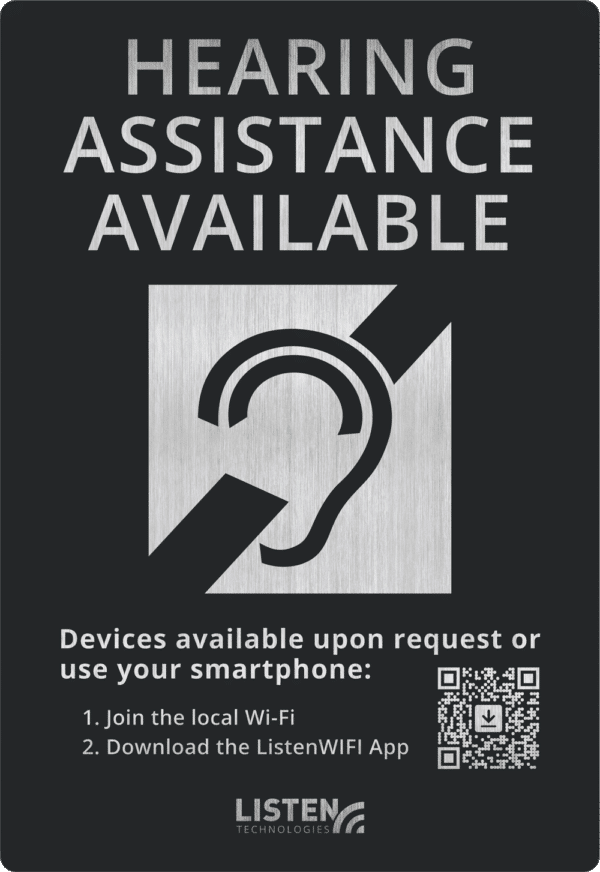 A picture of ListenWIFI Hearing Assistance Signage.