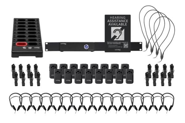 Composite image of a WiFi system featuring one server, one docking station, four neck loops, sixteen receivers, sixteen headphones, sixteen neck loops, sixteen neck straps, and signage.