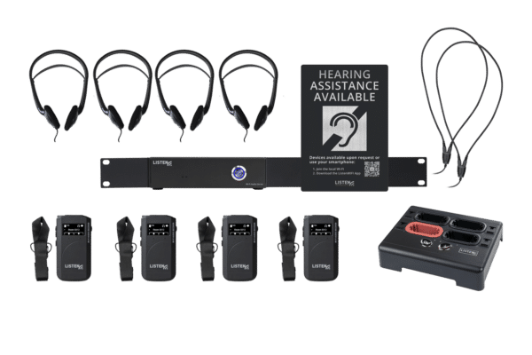 Composite image of a WiFi system including one server, four headphones, four receivers, four neck straps, four neck loops, one docking station, and signage.