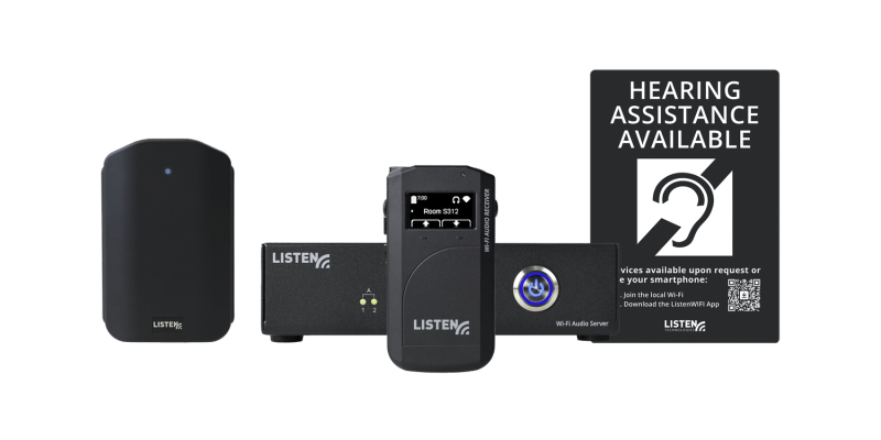 Title text at top: ListenWIFI Image of the new ListenWIFI system including a beacon (a block box with a Listen Technologies logo and a blue light), a ListenWIFI server (a black box with a Listen Technologies logo, a blue and silver power button, and a two lights that indicate channels), a receiver that looks like a ListenTALK unit, and an ADA compliant Assistive Listening Available sign with the international symbol for hearing loss,